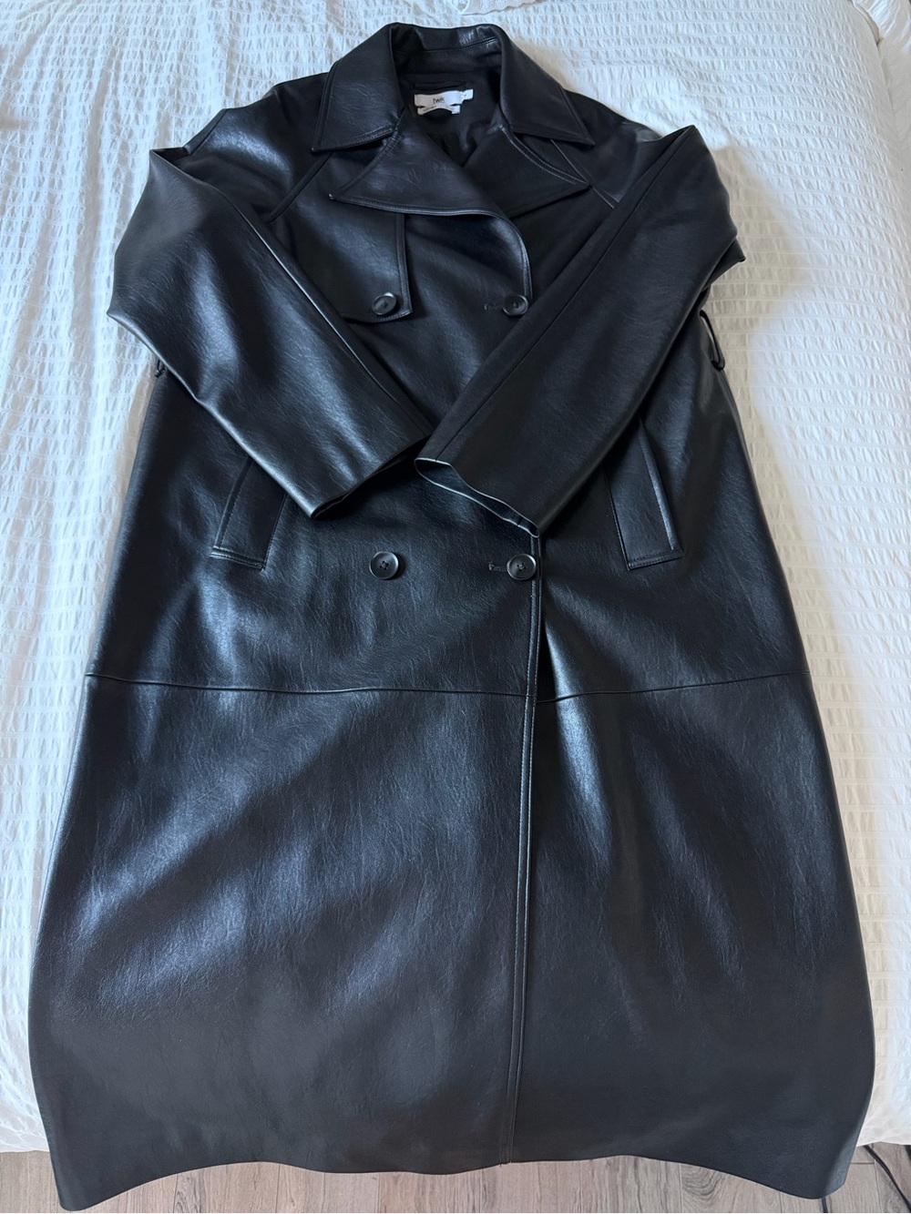 Black Faux Leather Double-Breasted Trench Coat